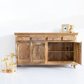 Pine Grove Floral Carved Handmade Indian Furniture Mango Wood Sideboard Natural Finish